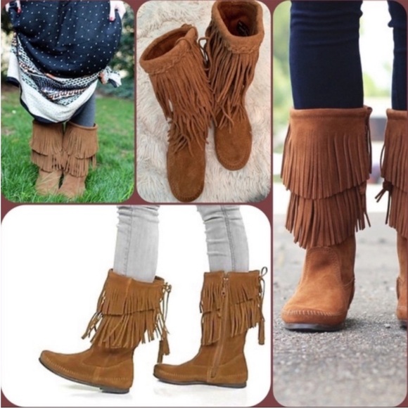 Minnetonka 2 Layer Angle Fringe Suede Boots - Picture 3 of 15
